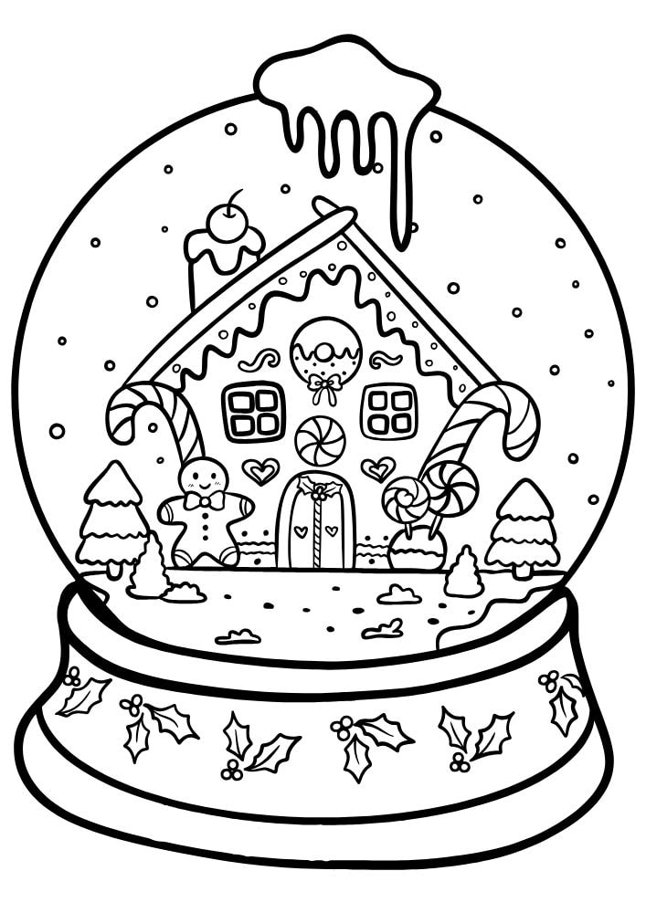 A coloring page of a snow globe with a gingerbread house inside