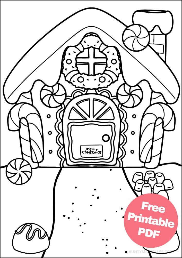 A coloring page of a gingerbread house with a wreath over the door