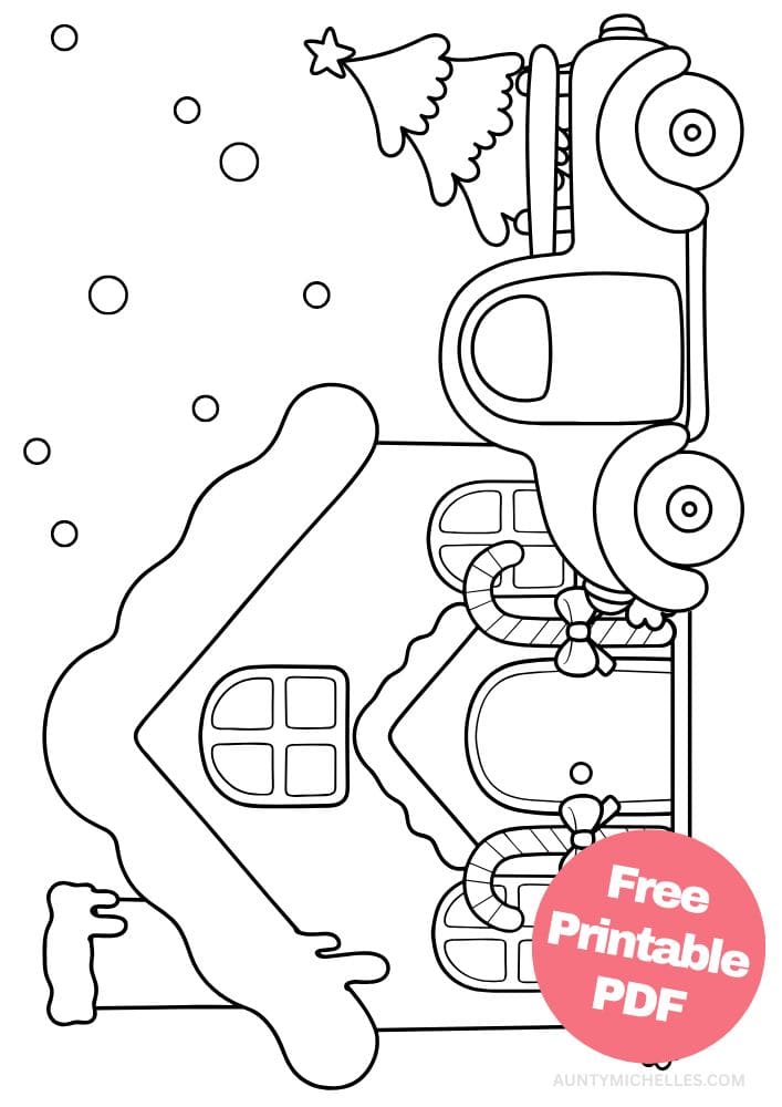A coloring page of a gingerbread house with a truck and tree in front of it