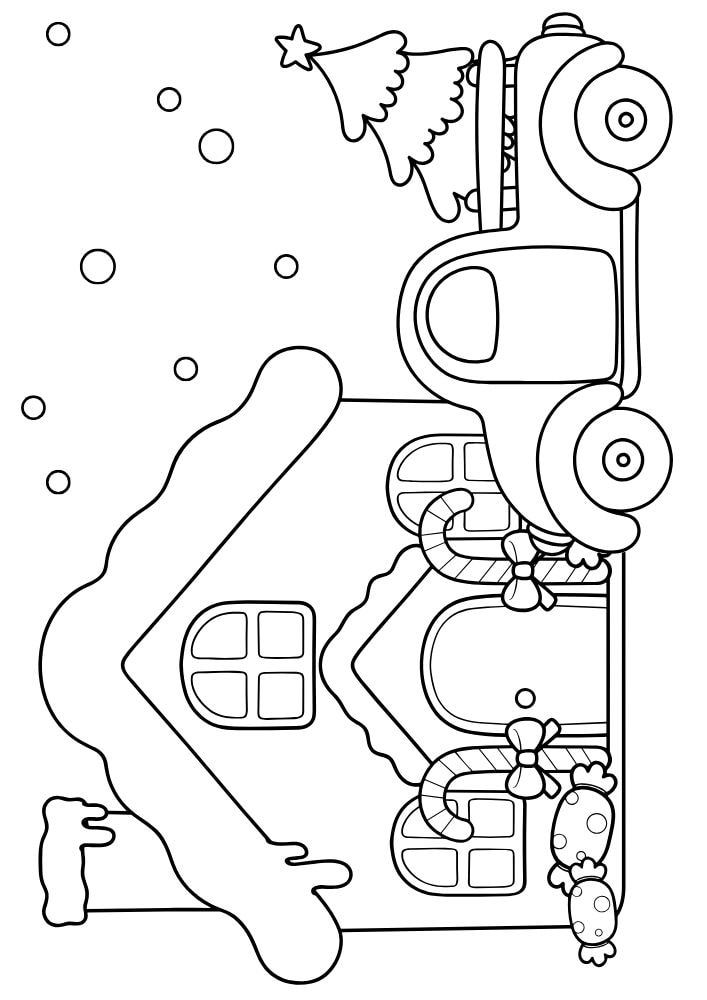 A coloring page of a gingerbread house with a truck and tree in front of it