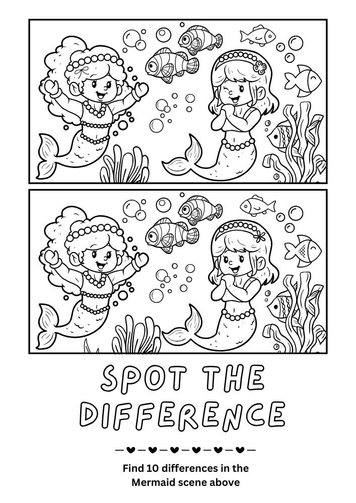 Free Mermaid Party Printables for Kids Spot the Difference Activity