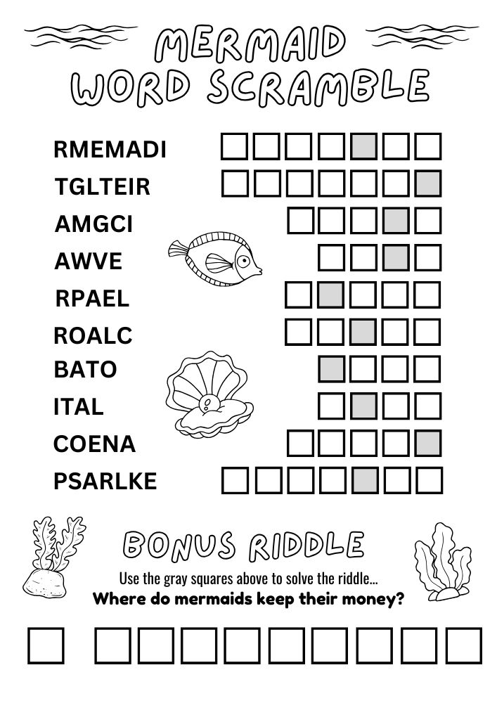 Free Mermaid Party Printables for Kids Word Scramble Activity