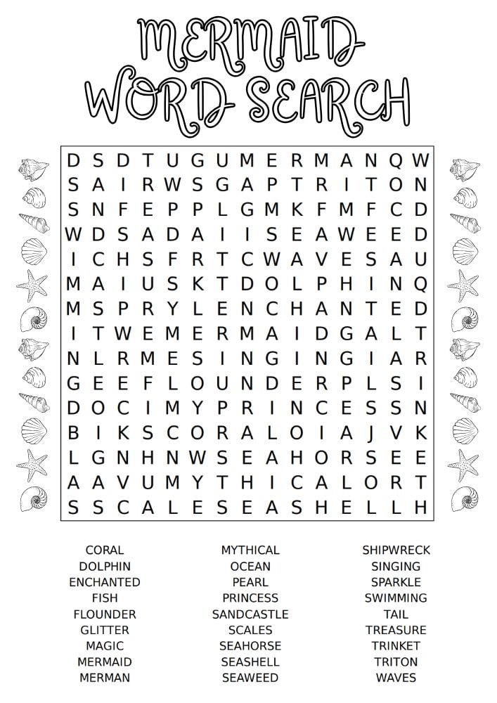 Free Mermaid Party Printables for Kids Word Search Activity