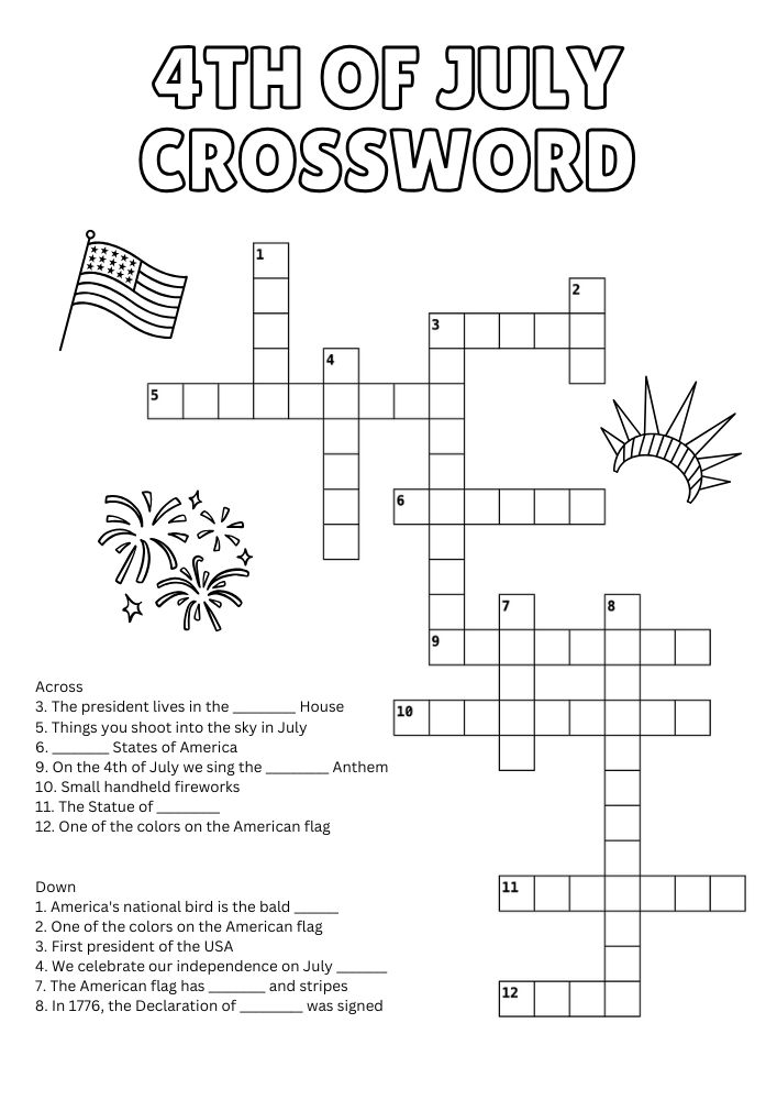 Free Printable 4th of July Worksheets for Kids Fourth United States of America USA Independence Day Crossword Puzzle