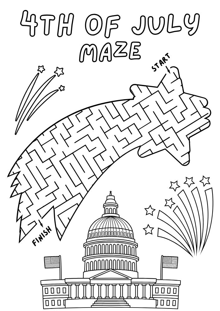 Free Printable 4th of July Worksheets for Kids Fourth United States of America USA Independence Day Shooting Star Maze