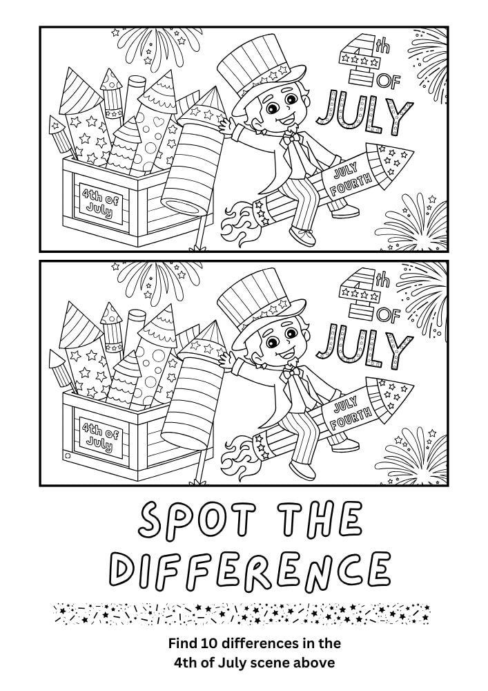 Free Printable 4th of July Worksheets for Kids Fourth United States of America USA Independence Day Spot the Difference