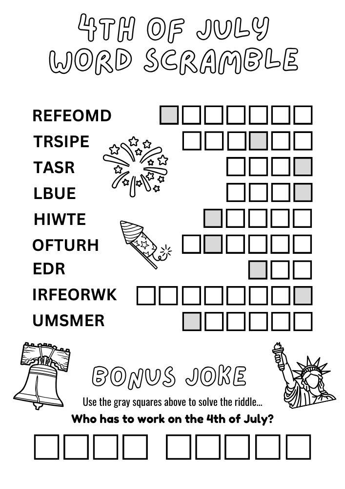 Free Printable 4th of July Worksheets for Kids Fourth United States of America USA Independence Day Word Scramble