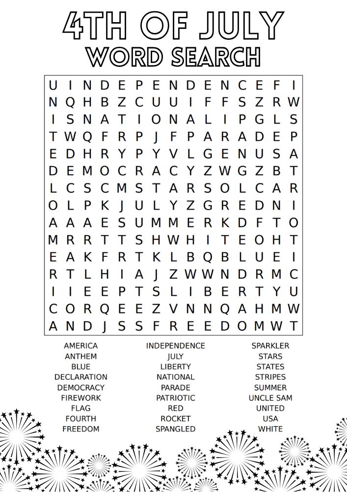 Free Printable 4th of July Worksheets for Kids Fourth United States of America USA Independence Day Word Search