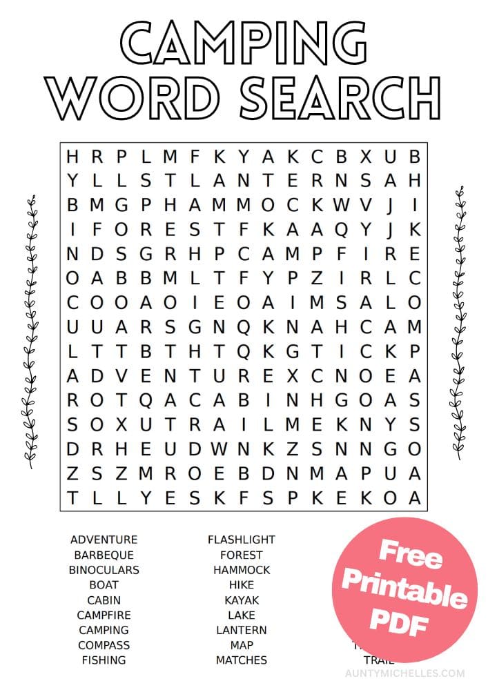 Printable camping themed word search activity for kids