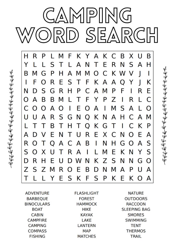 Printable camping themed word search activity for kids