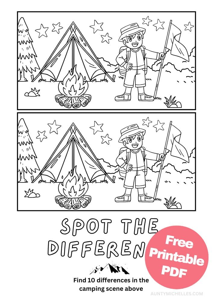 Printable camping themed spot the difference activity for kids
