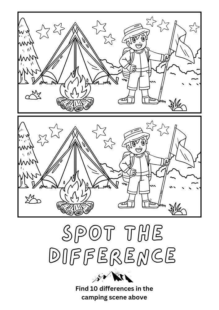 Printable camping themed spot the difference activity for kids