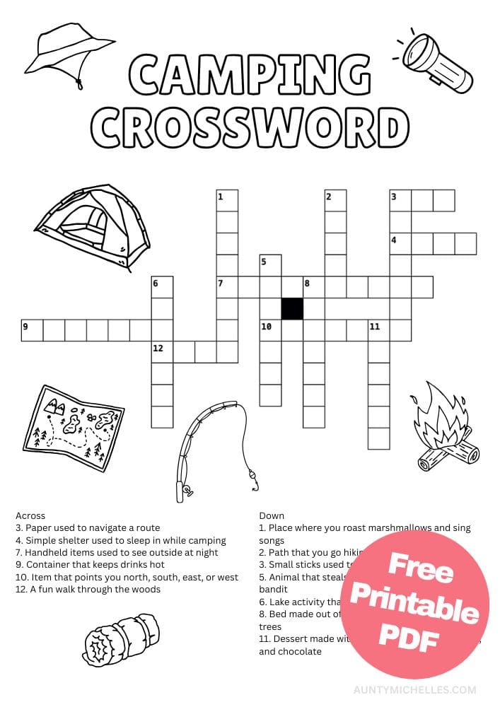 Printable camping themed crossword puzzle activity for kids