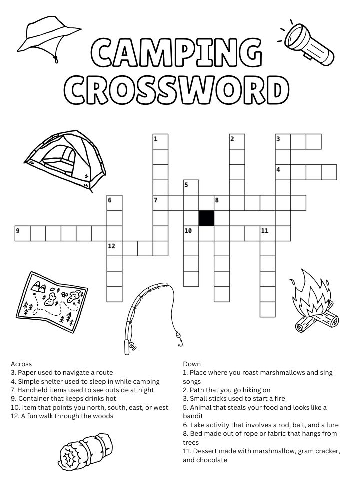 Printable camping themed crossword puzzle activity for kids