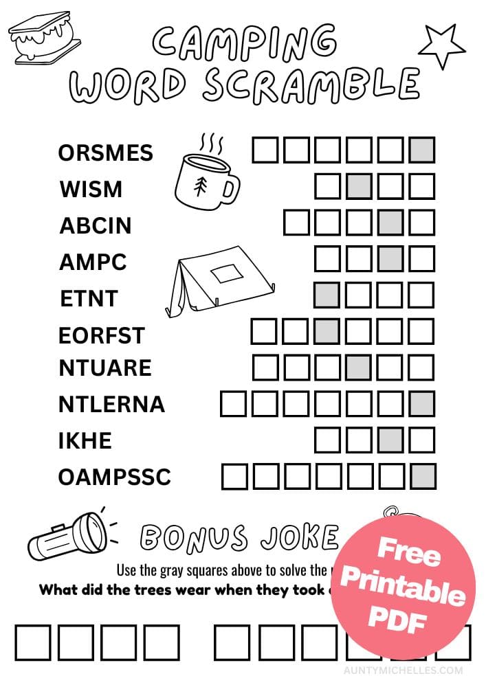 Printable camping themed word scramble activity for kids