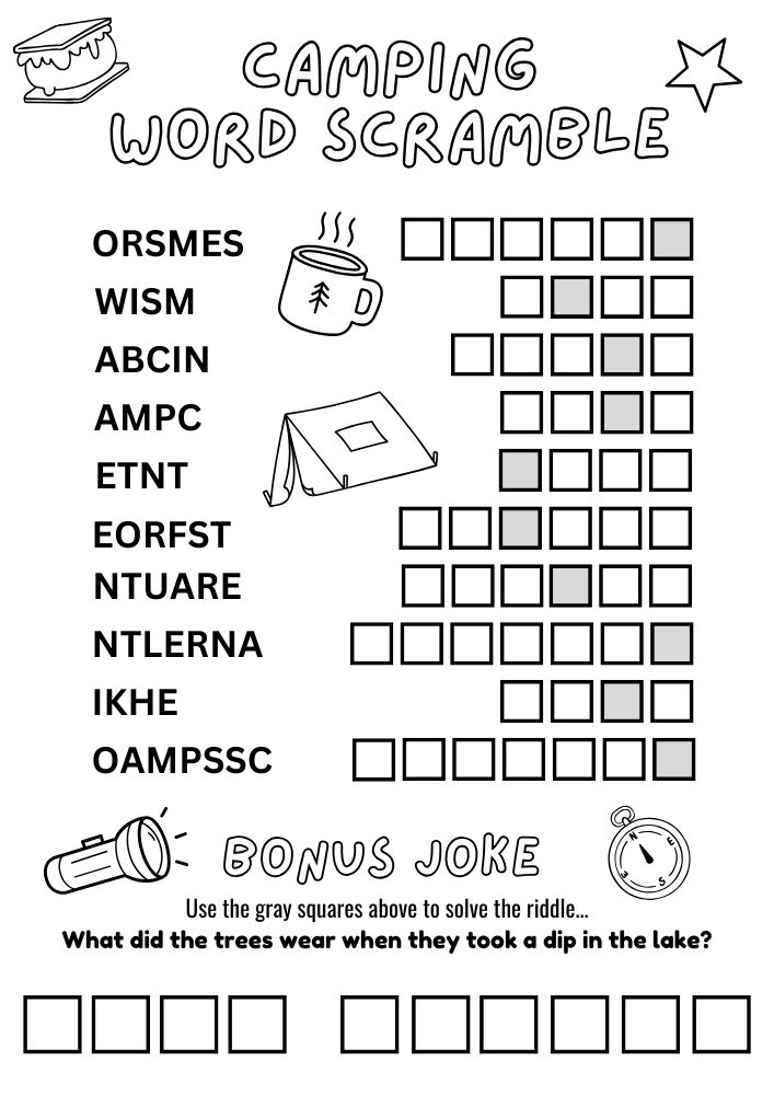 Printable camping themed word scramble activity for kids