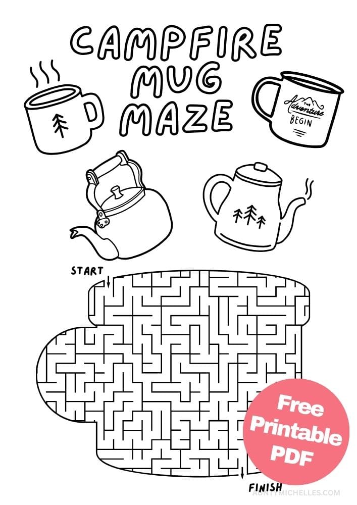 free printable campfire mug maze activity for kids