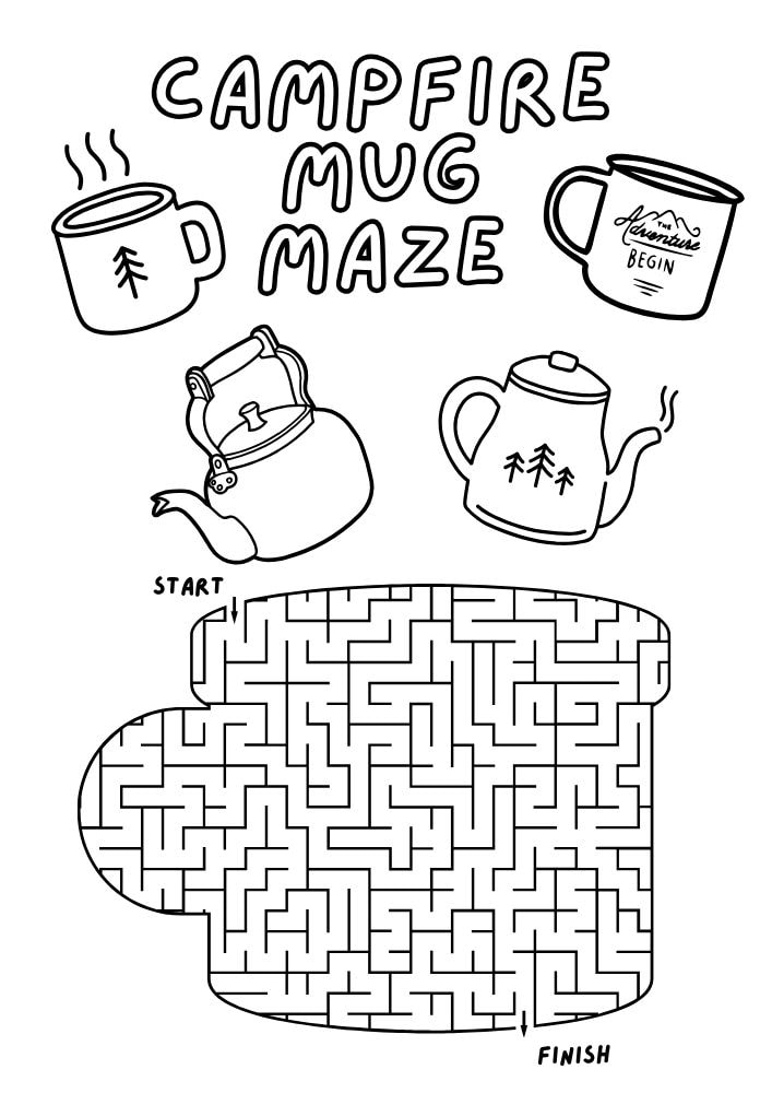 free printable campfire mug maze activity for kids