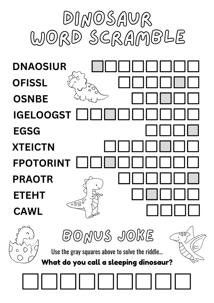 Free Printable Dinosaur Activities for Kids Jurassic Dino Games Word Scramble