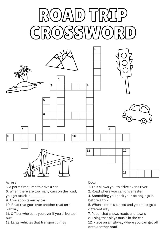 Free Printable Road Trip Crossword Puzzle Activities for Kids