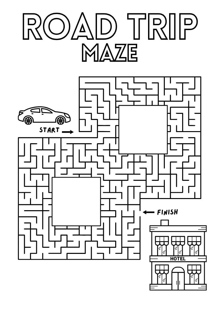 Maze with a car going to a hotel printable activity