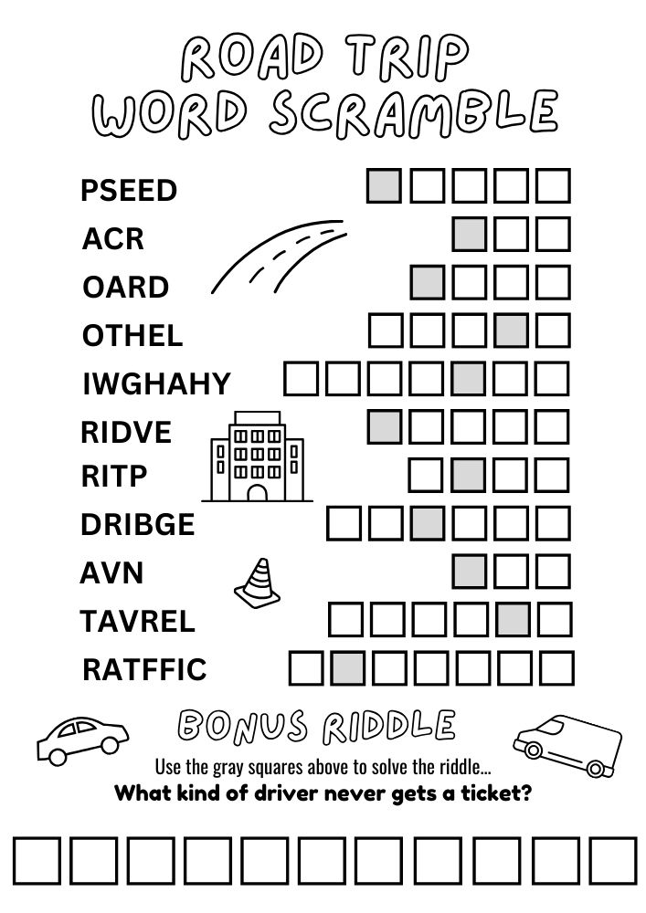 Free Printable Word Scramble Roadtrip Activities for Kids