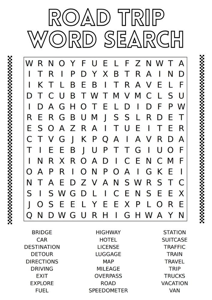 Free Printable Road Trip Themed Word Search Activities for Kids