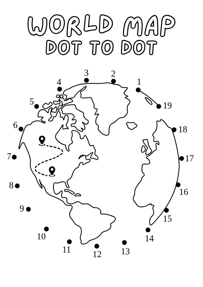 World Map Dot to Dot Printable Activity for Kids