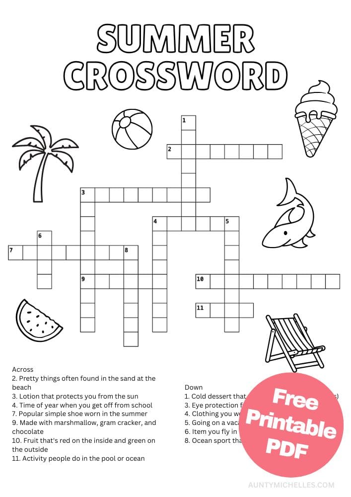 Printable summer themed cross word puzzle that is perfect for kids