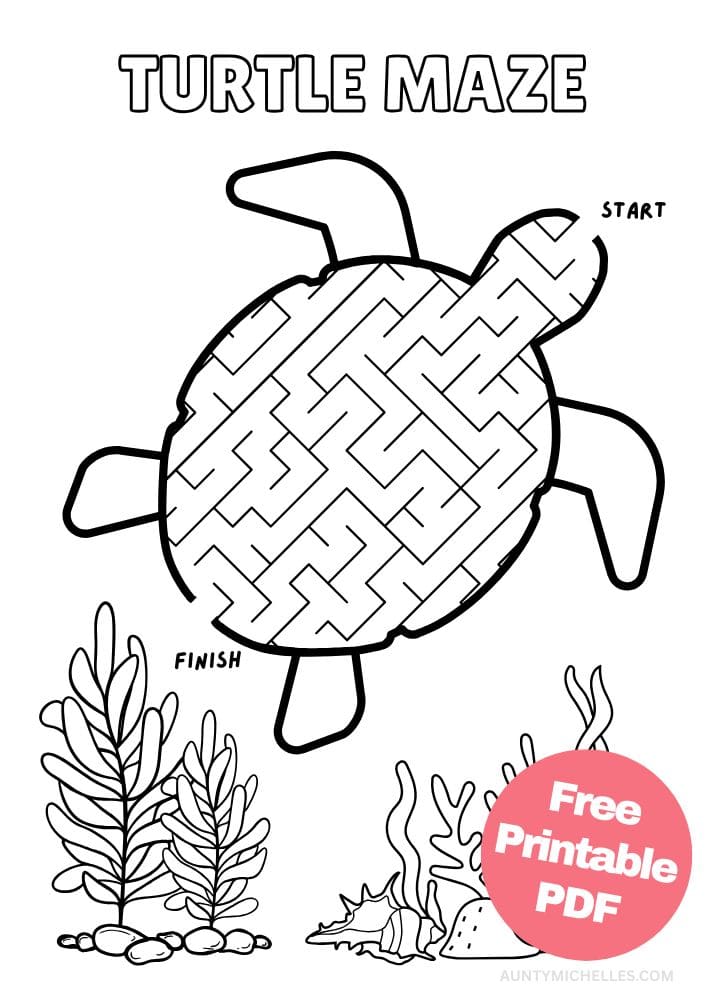Free printable turtle maze activity for kids in the summer