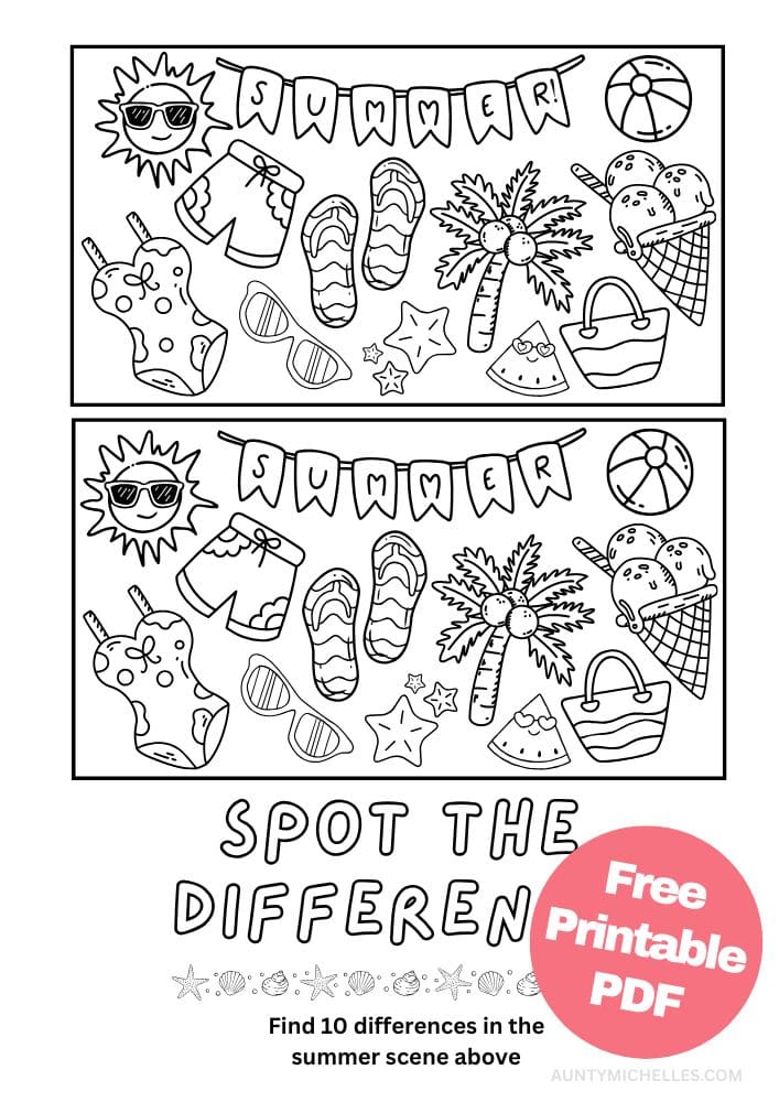 Summer themed spot the difference game for kids