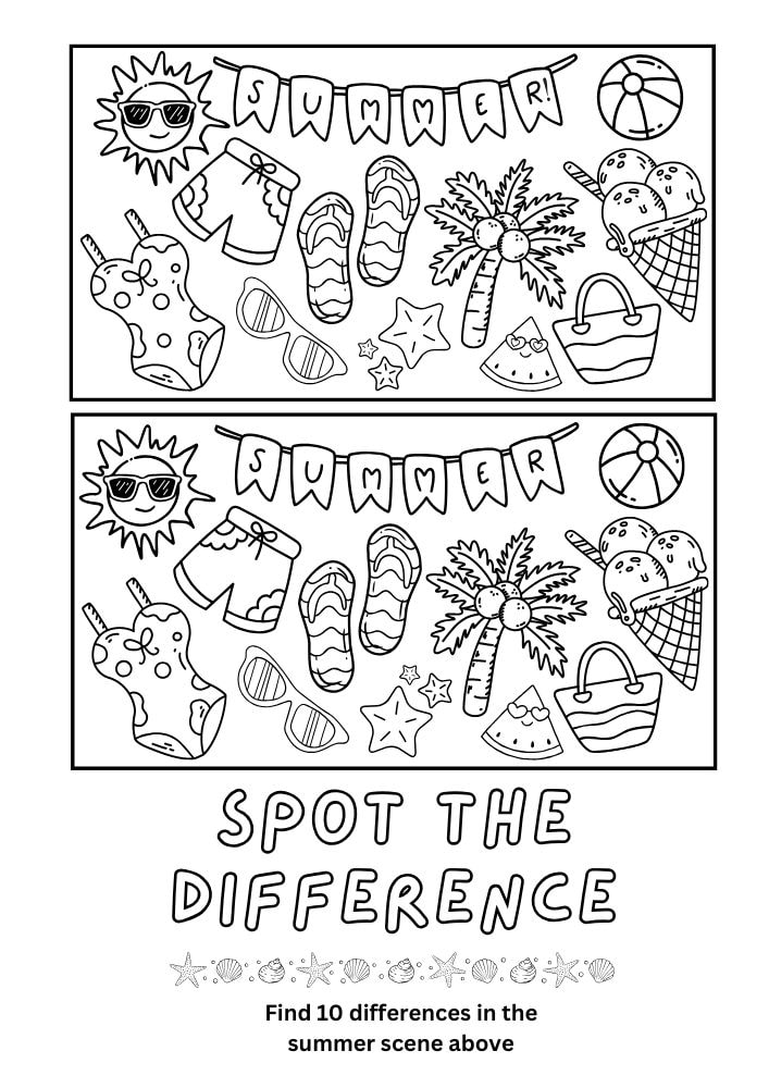 Summer themed spot the difference game for kids