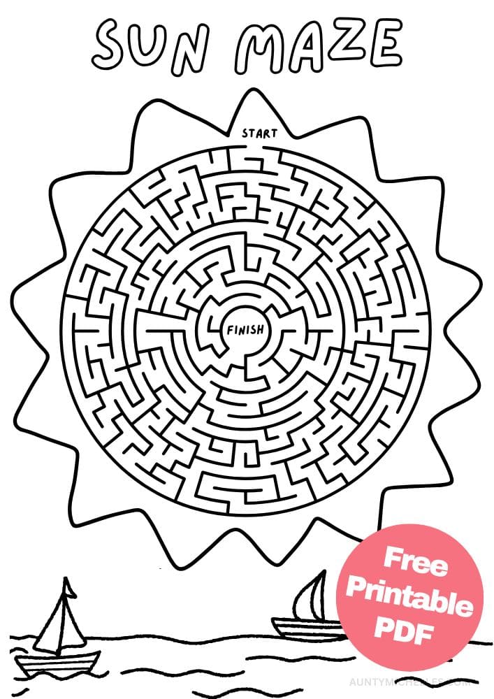 Sun shaped maze activity for kids for summer