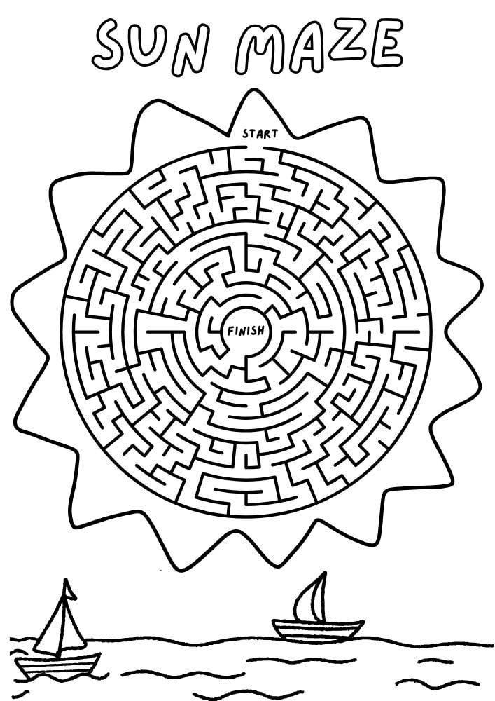 Sun shaped maze activity for kids for summer