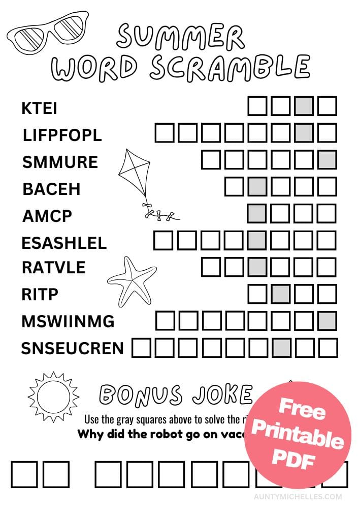 Printable summer themed word scramble activity that is perfect for kids
