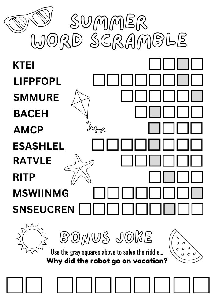 Printable summer themed word scramble activity that is perfect for kids