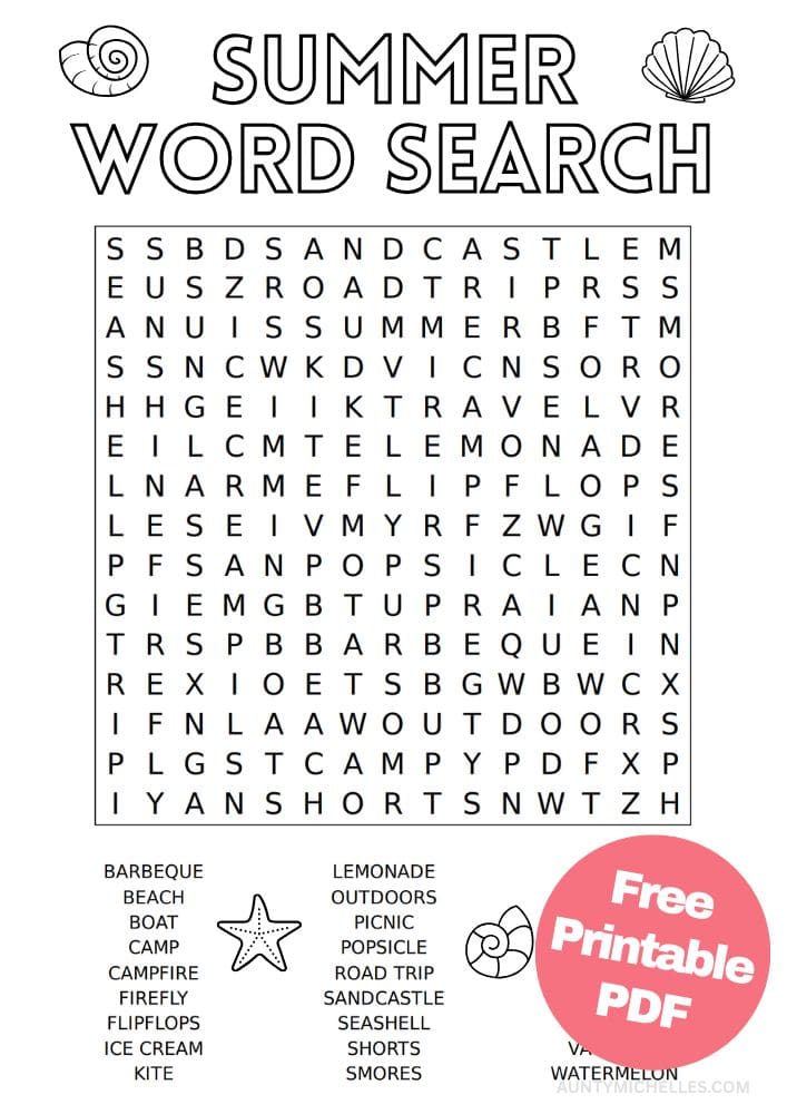 Printable summer themed word search game that is perfect for kids