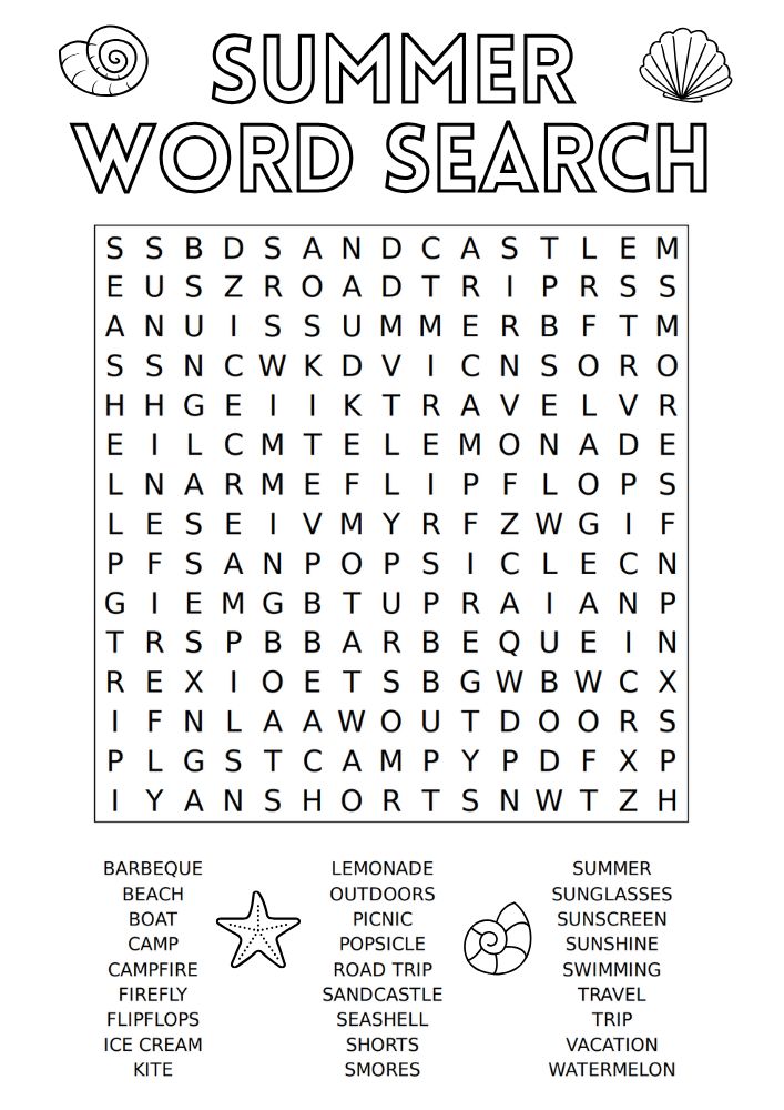 Printable summer themed word search game that is perfect for kids