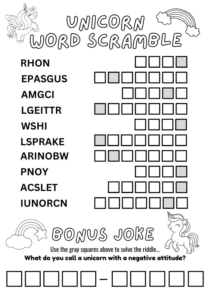 Free Printable Unicorn Activities for Kids Magical Game Printout Free Printable Unicorn Activities for Kids Word Scramble Riddle