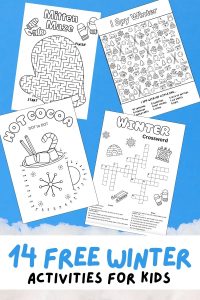 Free Printable Winter Activities for Kids Crossword Puzzle Maze Game I Spy Word Search Dot to Dot Word Scramble Snow Day Cold Weather December January February