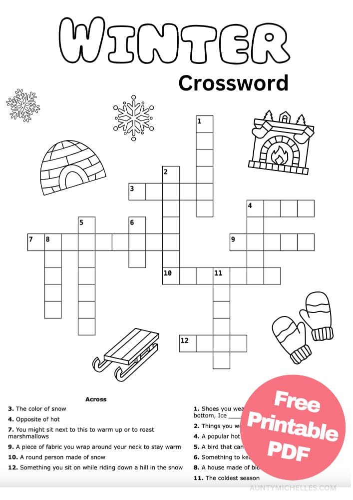 Free Printable Winter Activities for Kids Snow Day Inside Games January December February Crossword Puzzle