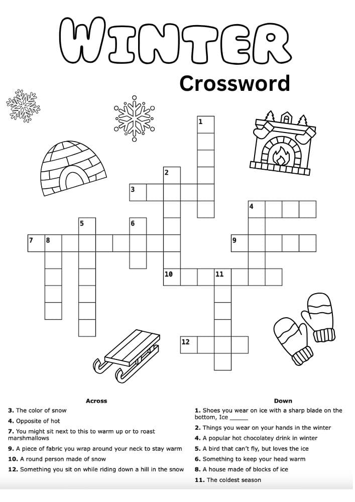 Free Printable Winter Activities for Kids Snow Day Inside Games January December February Crossword Puzzle