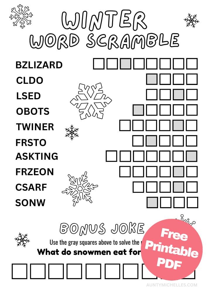 Free Printable Winter Activities for Kids Snow Day Inside Games January December February Word Scramble