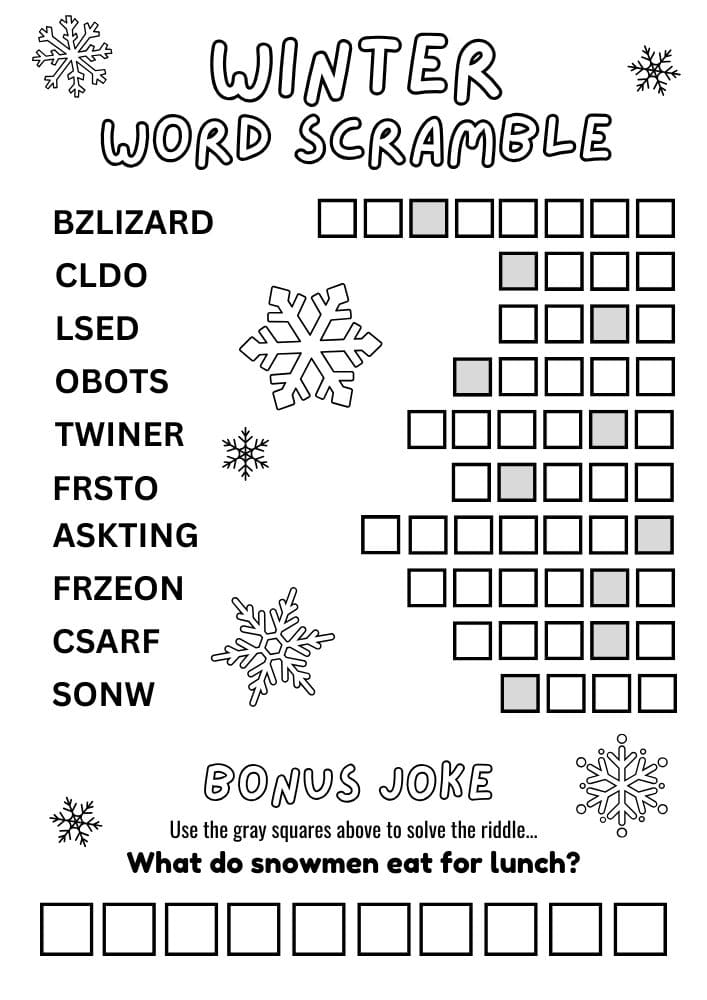 Free Printable Winter Activities for Kids Snow Day Inside Games January December February Word Scramble