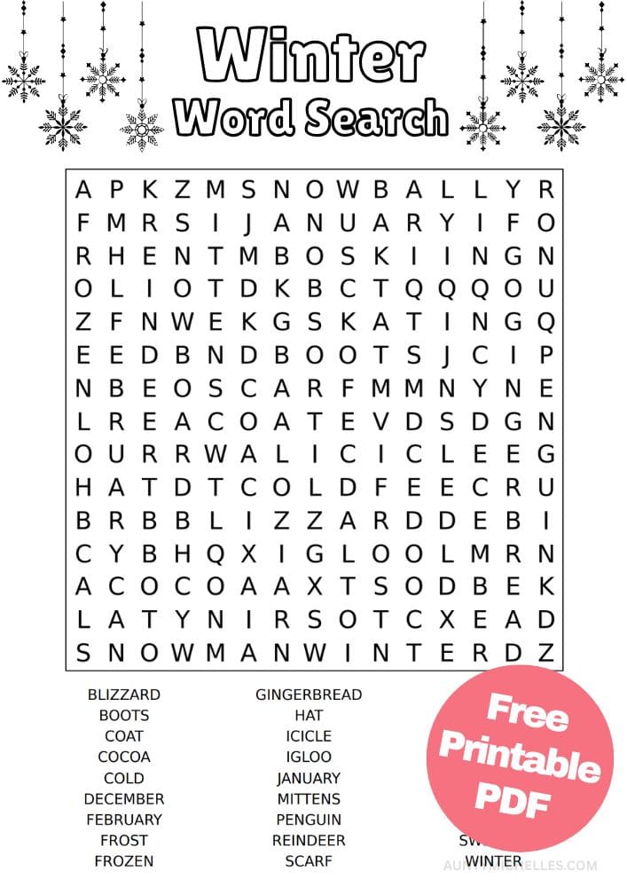 Free Printable Winter Activities for Kids Snow Day Inside Games January December February Word Search