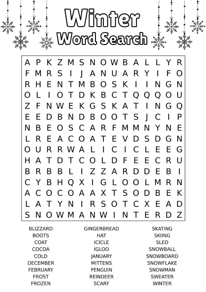 Free Printable Winter Activities for Kids Snow Day Inside Games January December February Word Search