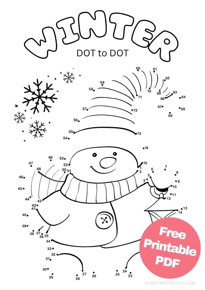 Free Printable Winter Activities for Kids Snow Day Inside Games January December February dot to dot snowmen