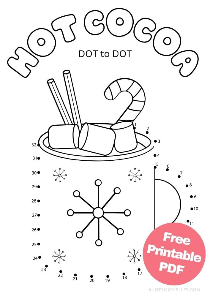 Free Printable Winter Activities for Kids Snow Day Inside Games January December February hot cocoa dot to dot