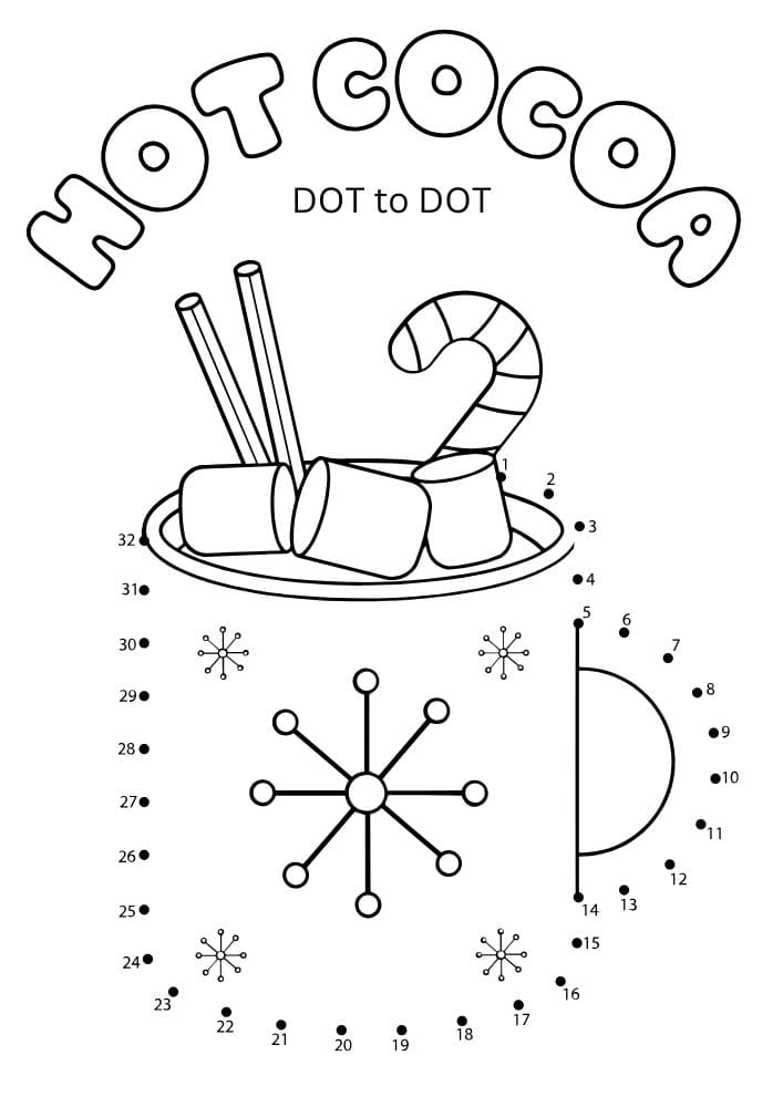 Free Printable Winter Activities for Kids Snow Day Inside Games January December February hot cocoa dot to dot