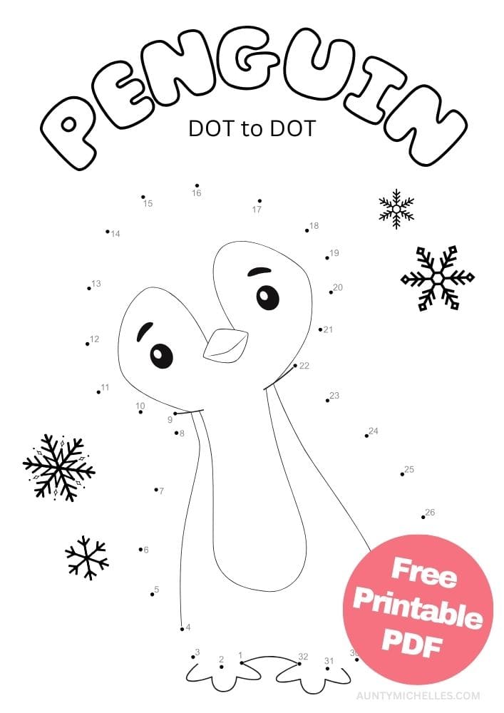 Free Printable Winter Activities for Kids Snow Day Inside Games January December February penguin dot to dot